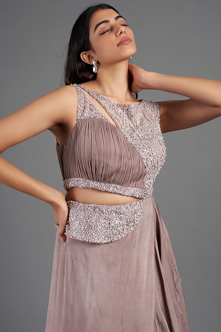 Brown Hand Embroidered Draped Gown by December at Pernia's Pop Up Shop