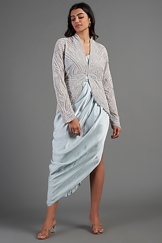 Powder Blue Satin Gown With Jacket by December