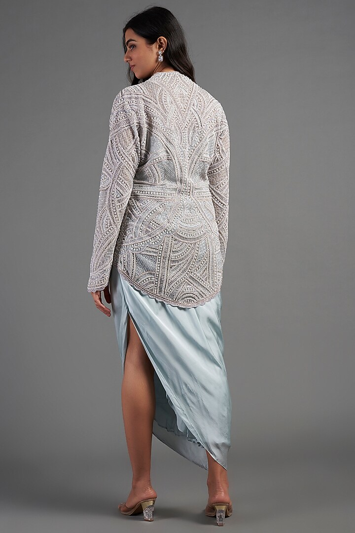 Powder Blue Satin Gown With Jacket by December at Pernia's Pop Up Shop