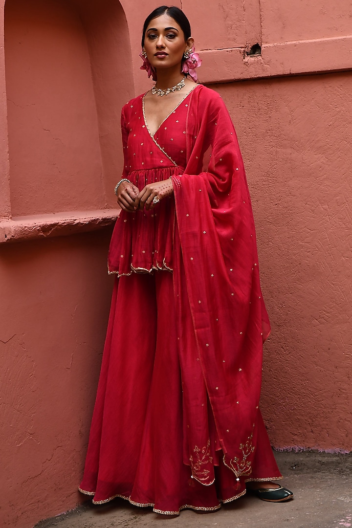 Vermillion Chanderi Sharara Set by Deep thee at Pernia's Pop Up Shop
