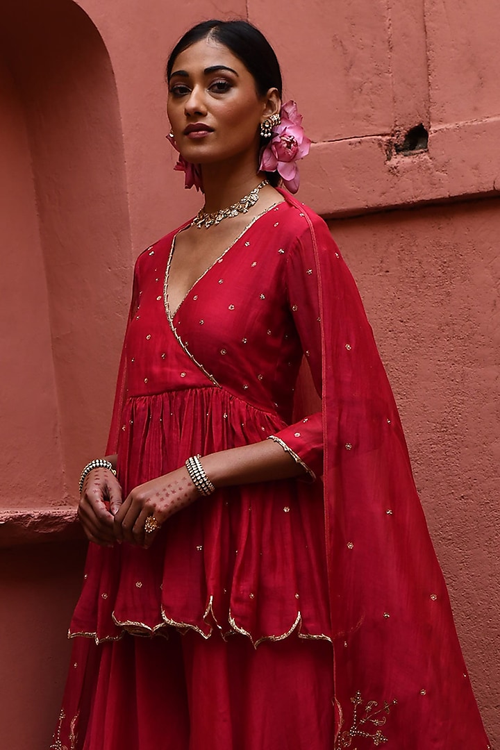 Vermilion Red Chanderi Silk Drape Top