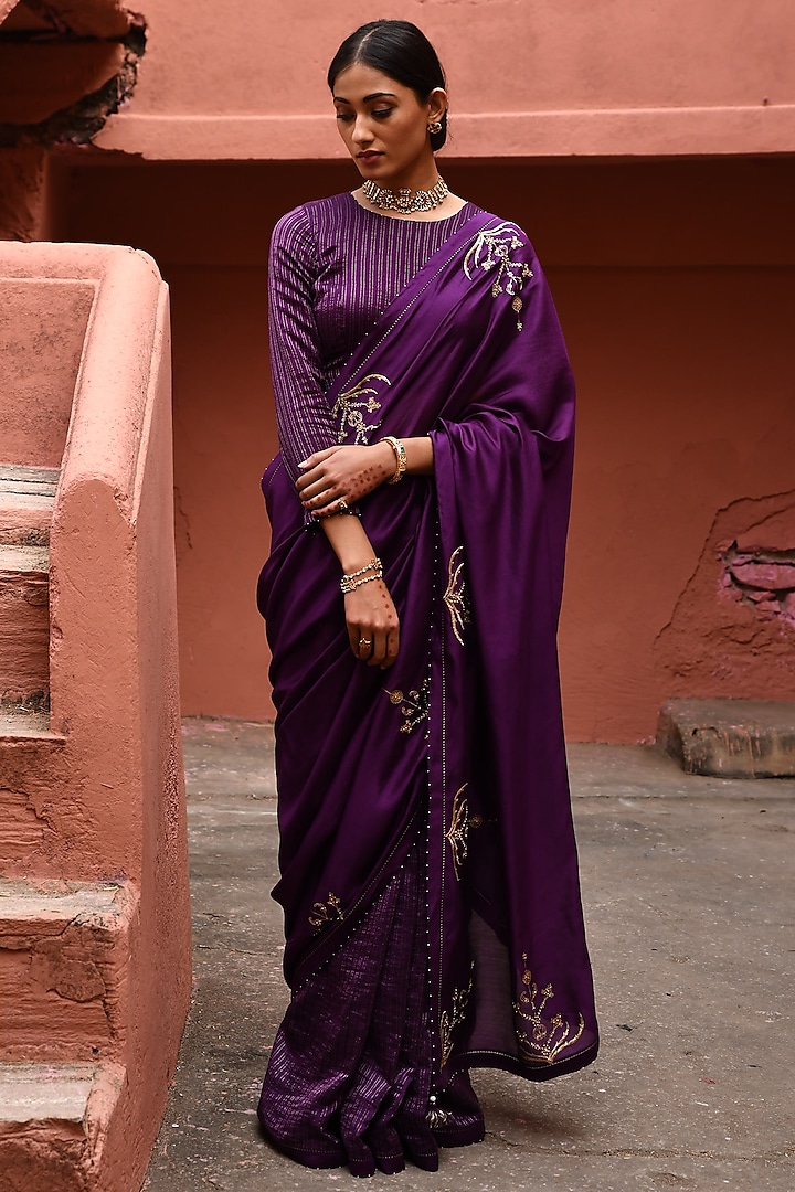 Aubergine Silk Embroidered Saree Set by Deep thee