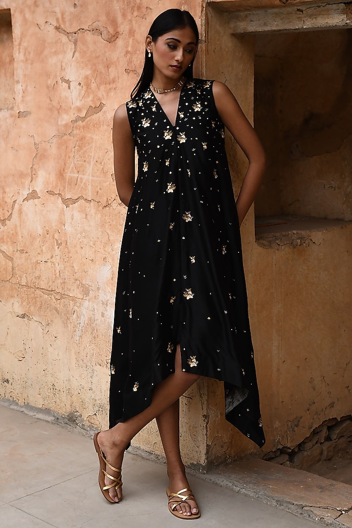 Black Chanderi Embroidered Asymmetrical Dress by Deep thee
