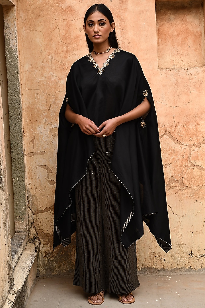 Black Chanderi Embroidered Cape Set by Deep thee