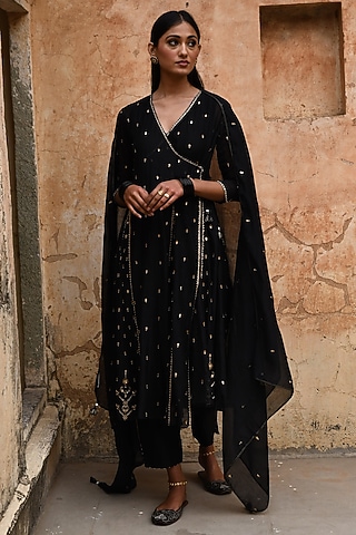 Black Chanderi Embroidered Angrakha Kurta Set by Deep thee