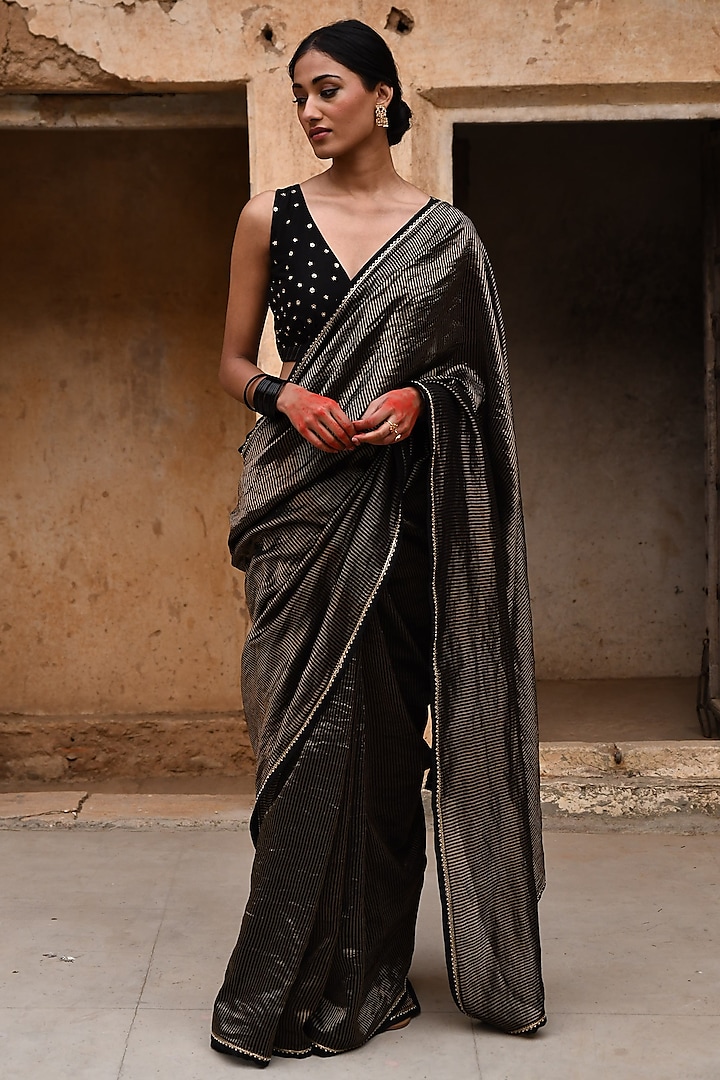 Black Chanderi & Tissue Embroidered Saree Set by Deep thee