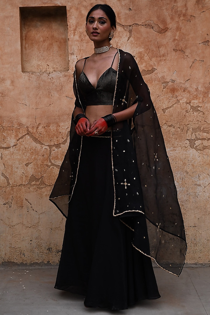 Black Chanderi & Organza Embroidered Cape Set by Deep thee