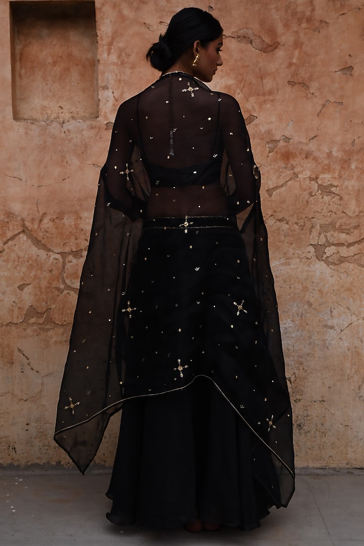Black Chanderi & Organza Skirt Set by Deep thee at Pernia's Pop Up Shop