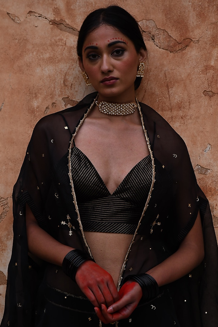 Black Chanderi & Organza Skirt Set by Deep thee at Pernia's Pop Up Shop