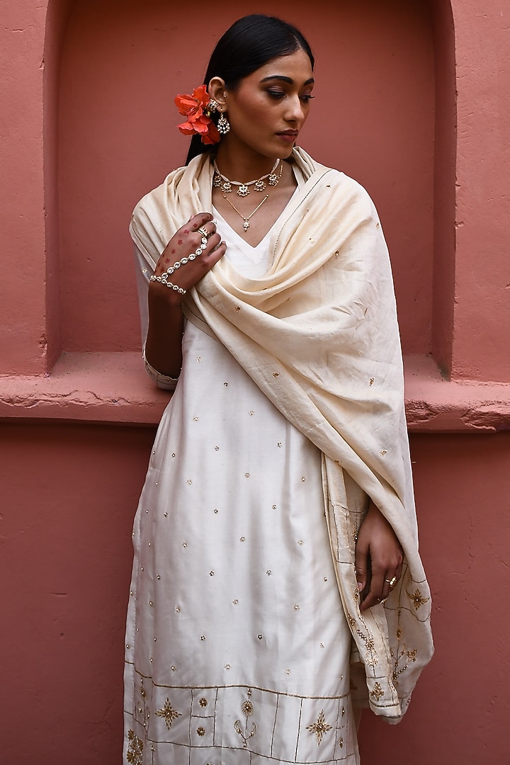 Ivory Chanderi & Silk Wedding Sharara Set by Deep thee at Pernia's Pop Up Shop