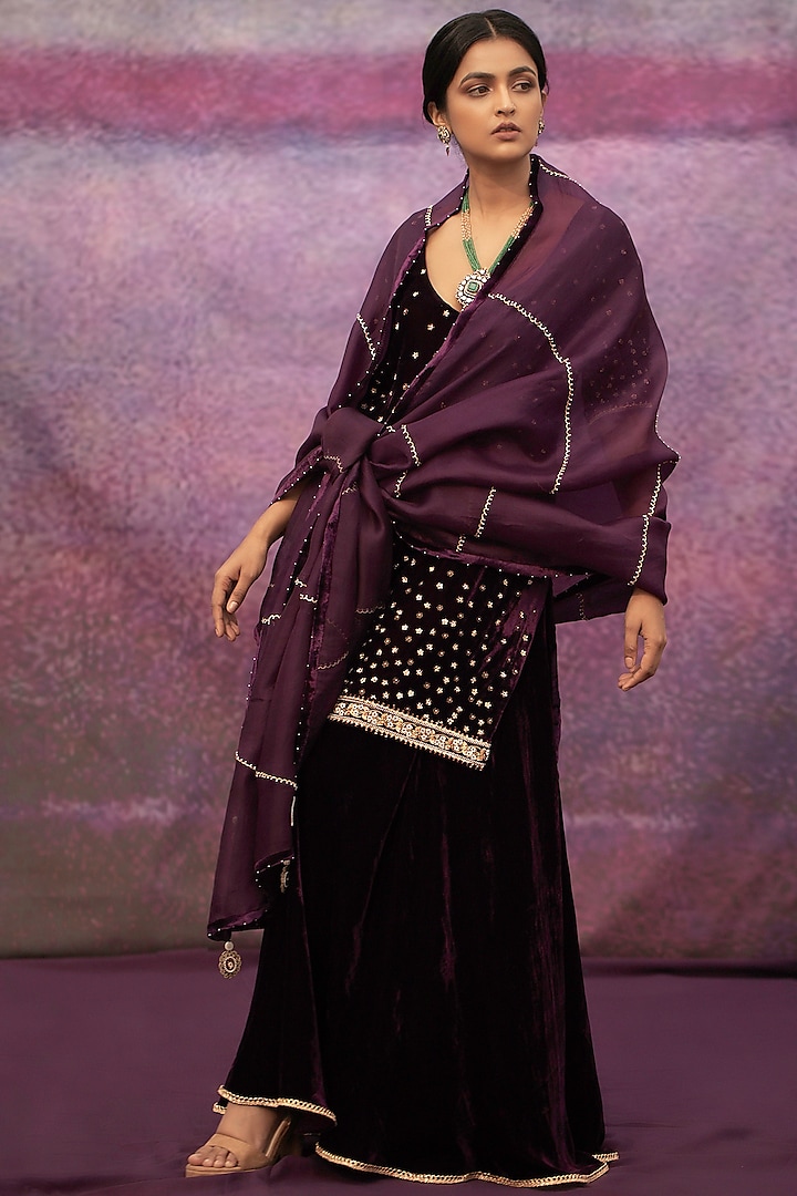 Violet Hand Embroidered Sharara Set by Deep thee