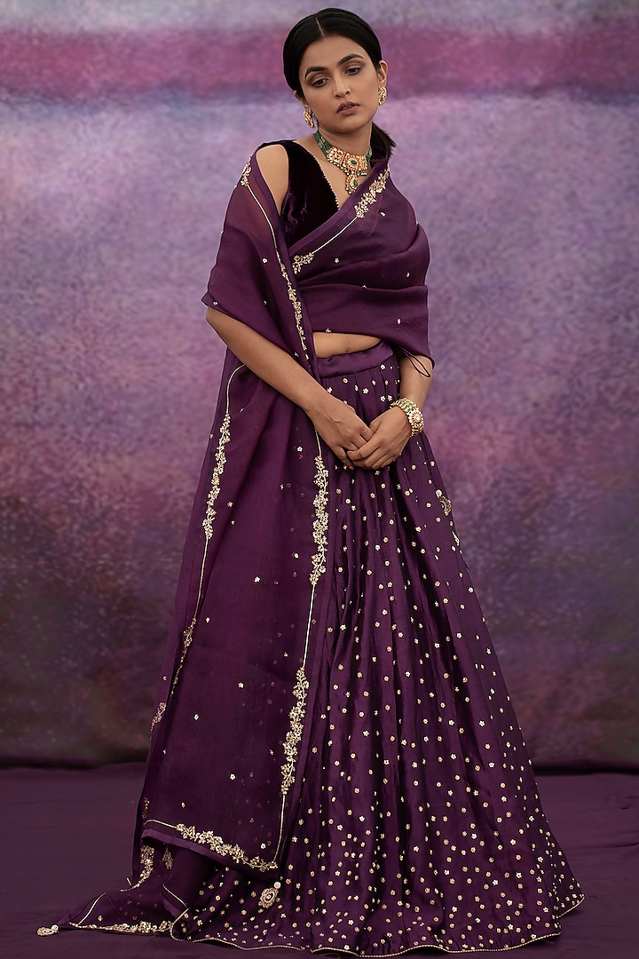 Violet Hand Embroidered Lehenga Set by Deep thee