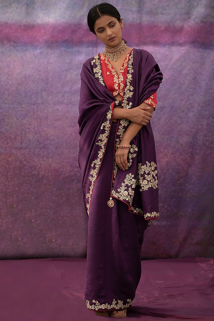 Violet Hand Embroidered Saree Set by Deep thee