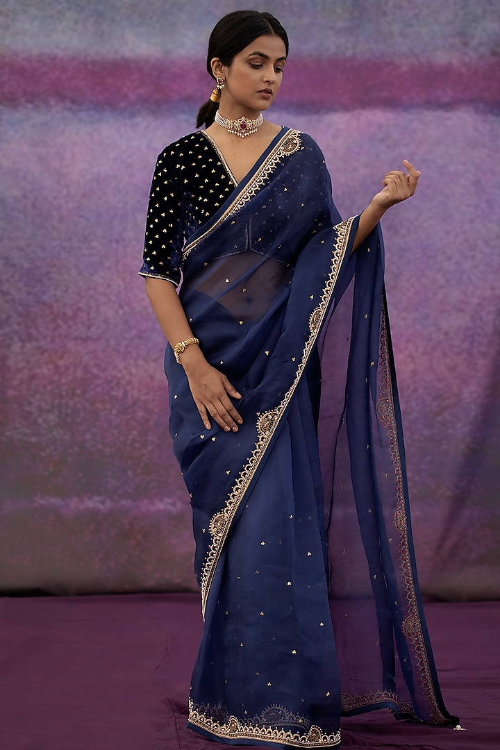 Navy Blue Hand Embroidered Saree Set by Deep thee