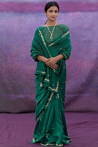 Green Hand Embroidered Saree Set by Deep thee