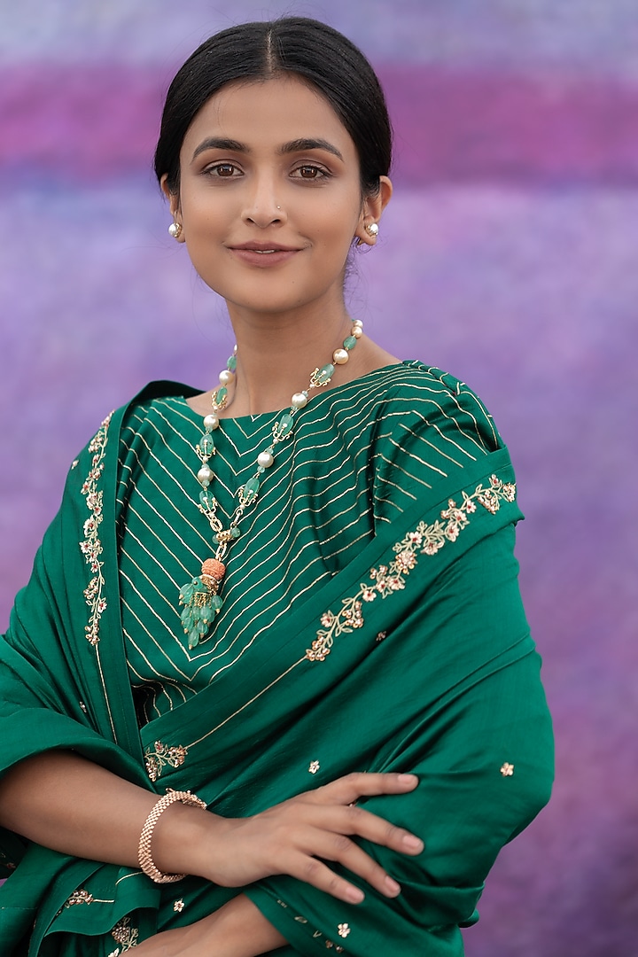 Green Hand Embroidered Wedding Saree Set by Deep thee at Pernia's Pop Up Shop