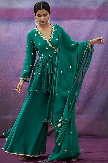 Green Hand Embroidered Sharara Set by Deep thee at Pernia's Pop Up Shop