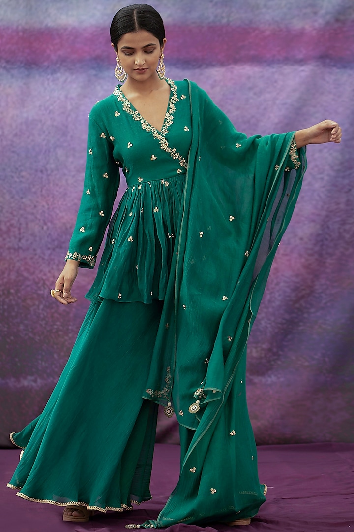 Green Hand Embroidered Sharara Set by Deep thee