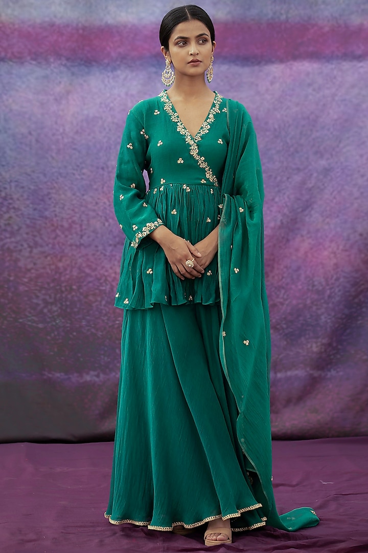 Green Hand Embroidered Sharara Set by Deep thee at Pernia's Pop Up Shop
