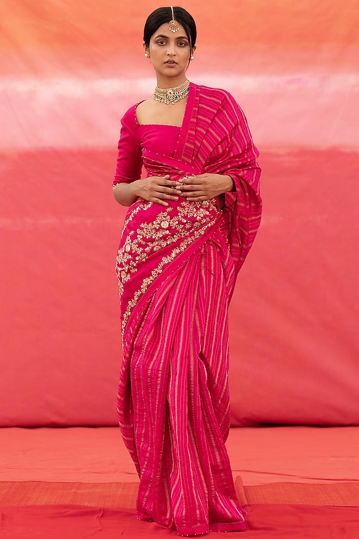 Pink Hand Embroidered Saree Set by Deep thee
