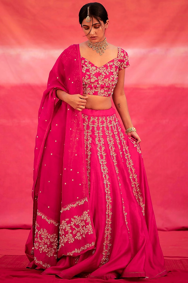 Pink Hand Embroidered Lehenga Set by Deep thee