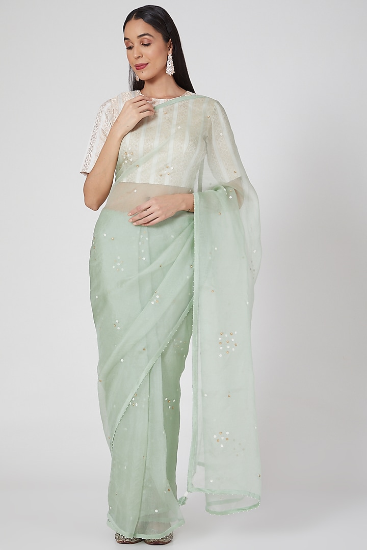 Pistachio Hand Embroidered Saree Set by Deep Thee