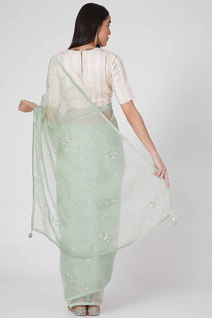 Pistachio Hand Embroidered Wedding Saree Set by Deep Thee at Pernia's Pop Up Shop