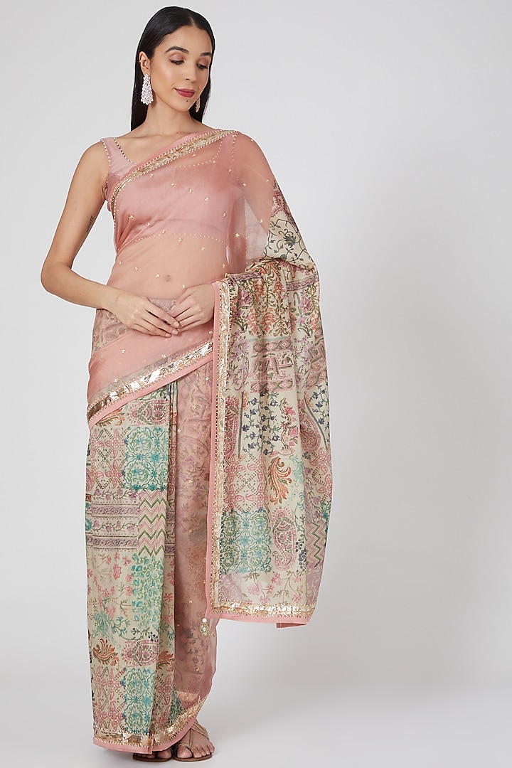 Blush Pink Hand Embroidered Saree Set by Deep Thee