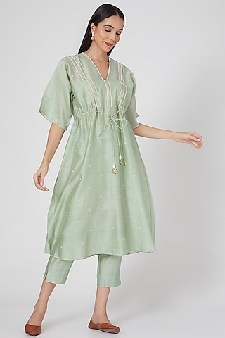 Pistachio Chanderi Hand Embroidered Kaftan Kurta Set by Deep Thee