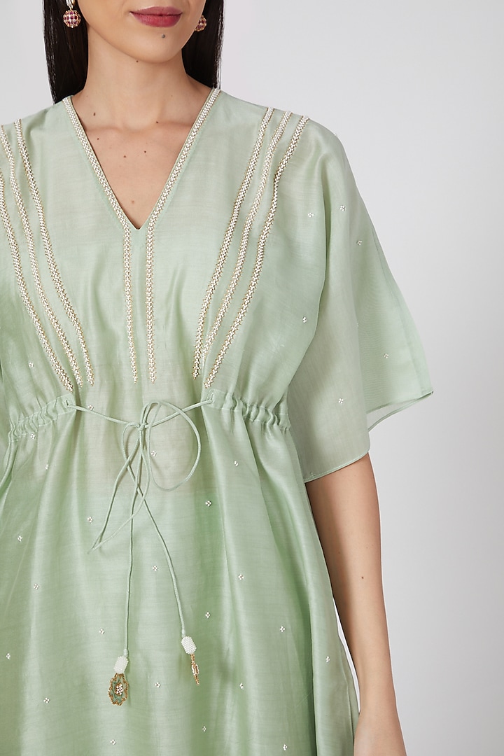 Pistachio Chanderi Hand Embroidered Kaftan Kurta Set by Deep Thee at Pernia's Pop Up Shop