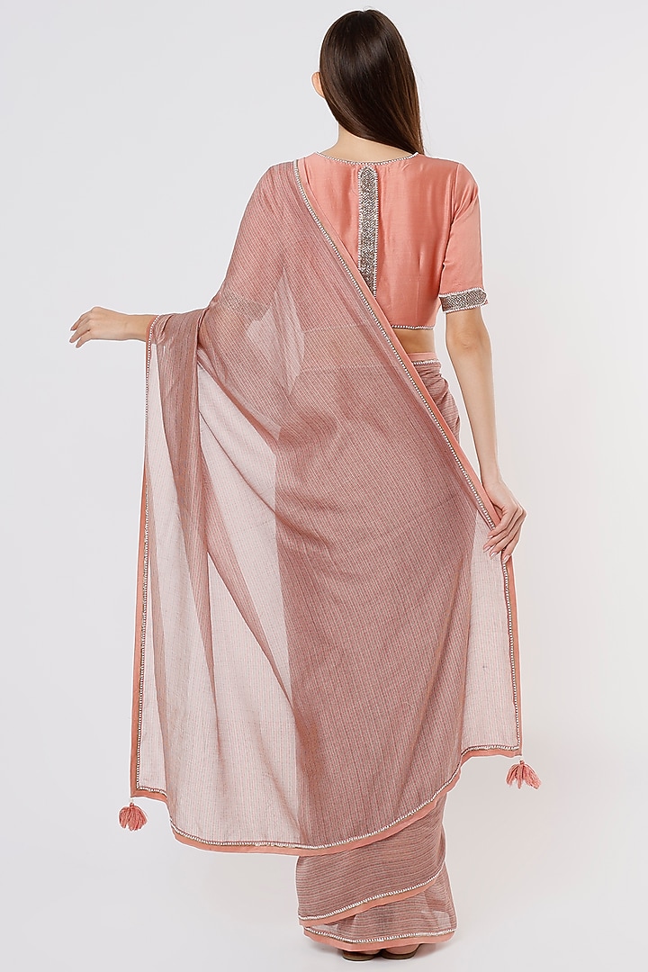 Salmon Pink Striped & Embroidered Wedding Saree Set by Deep thee at Pernia's Pop Up Shop