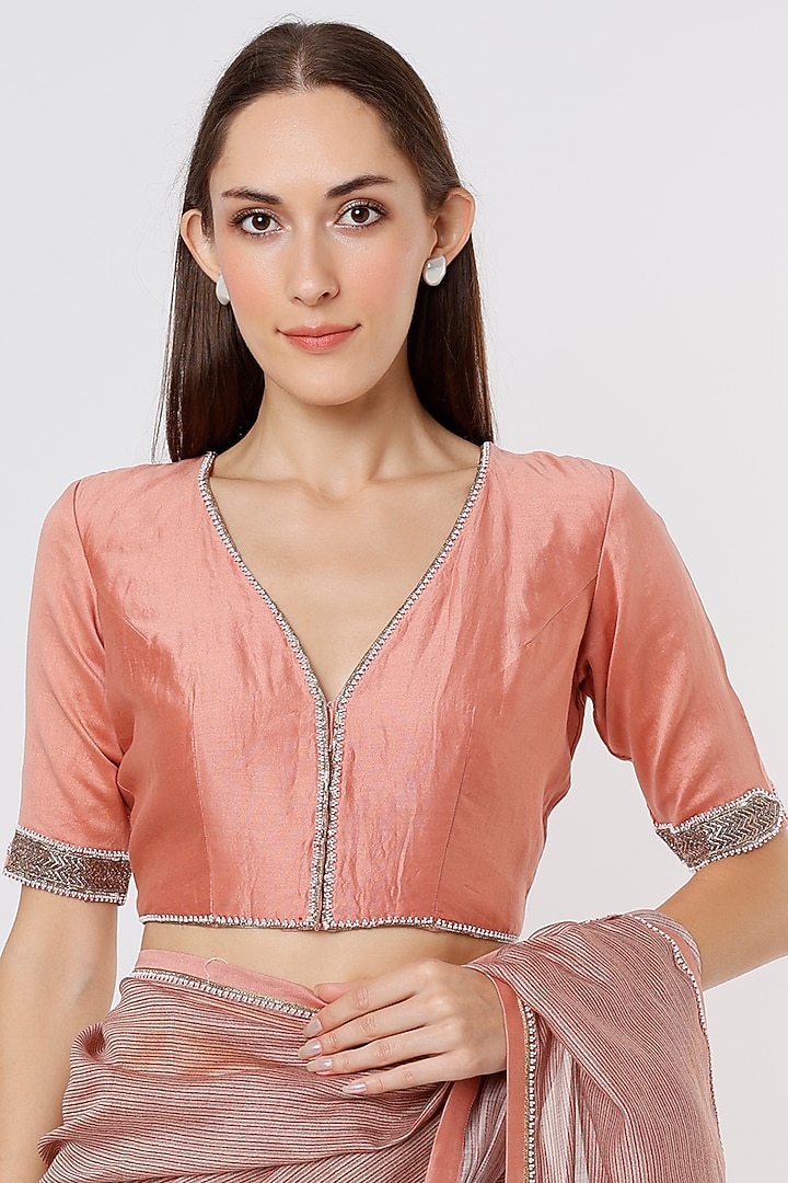 Salmon Pink Striped & Embroidered Wedding Saree Set by Deep thee at Pernia's Pop Up Shop
