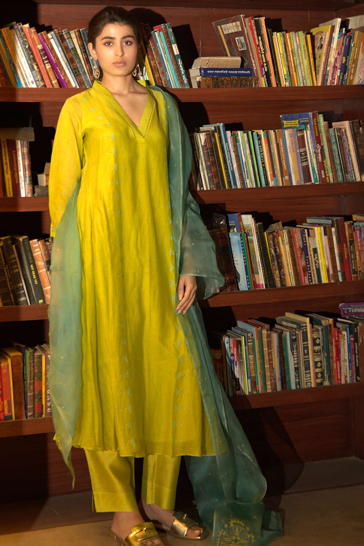 Neon Green Organza & Chanderi A-Line Embroidered Kurta Set by Deep thee at Pernia's Pop Up Shop