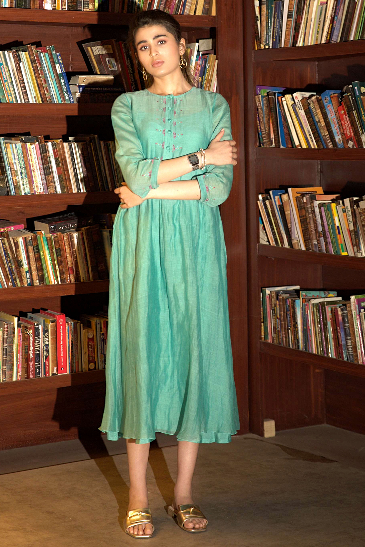 Powder Blue Chanderi Embroidered A-Line Dress by Deep thee