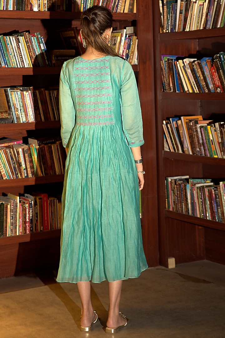 Powder Blue Chanderi Embroidered A-Line Vacation Dress by Deep thee at Pernia's Pop Up Shop