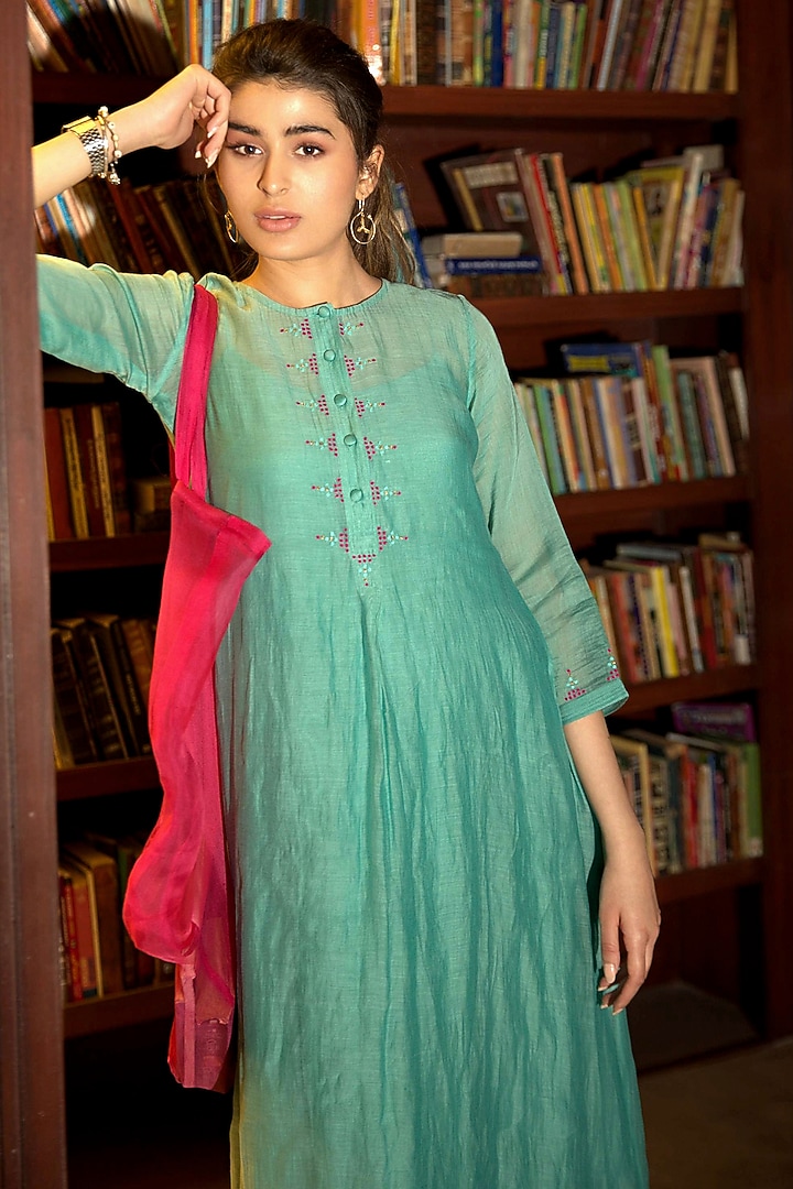 Powder Blue Chanderi Embroidered A-Line Vacation Dress by Deep thee at Pernia's Pop Up Shop