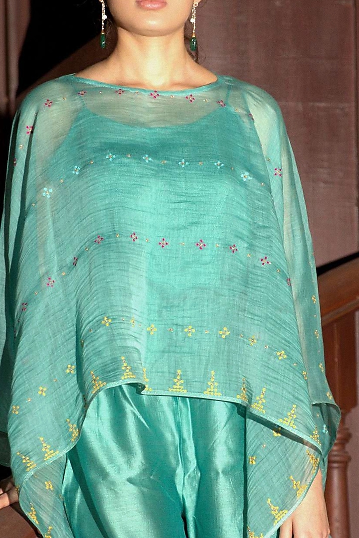 Powder Blue Chanderi Embroidered Cape Set by Deep thee at Pernia's Pop Up Shop
