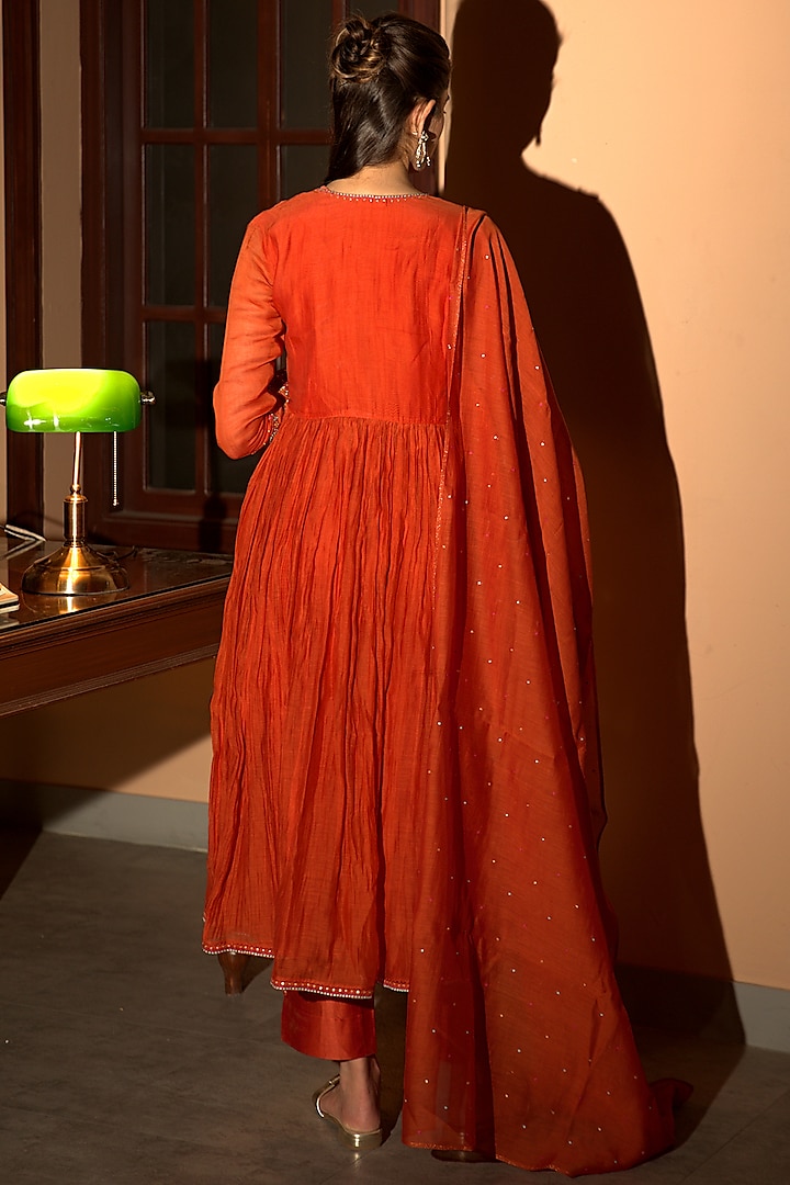 Rust Orange Chanderi Embroidered Angrakha Wedding Anarkali Set by Deep thee at Pernia's Pop Up Shop