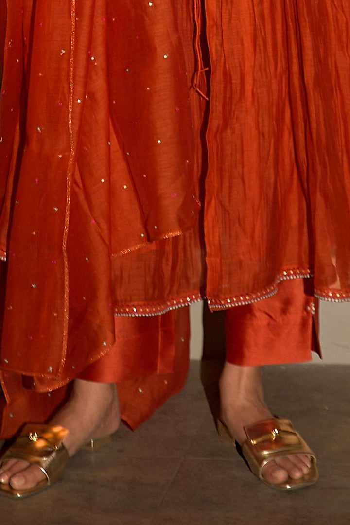 Rust Orange Chanderi Embroidered Angrakha Wedding Anarkali Set by Deep thee at Pernia's Pop Up Shop
