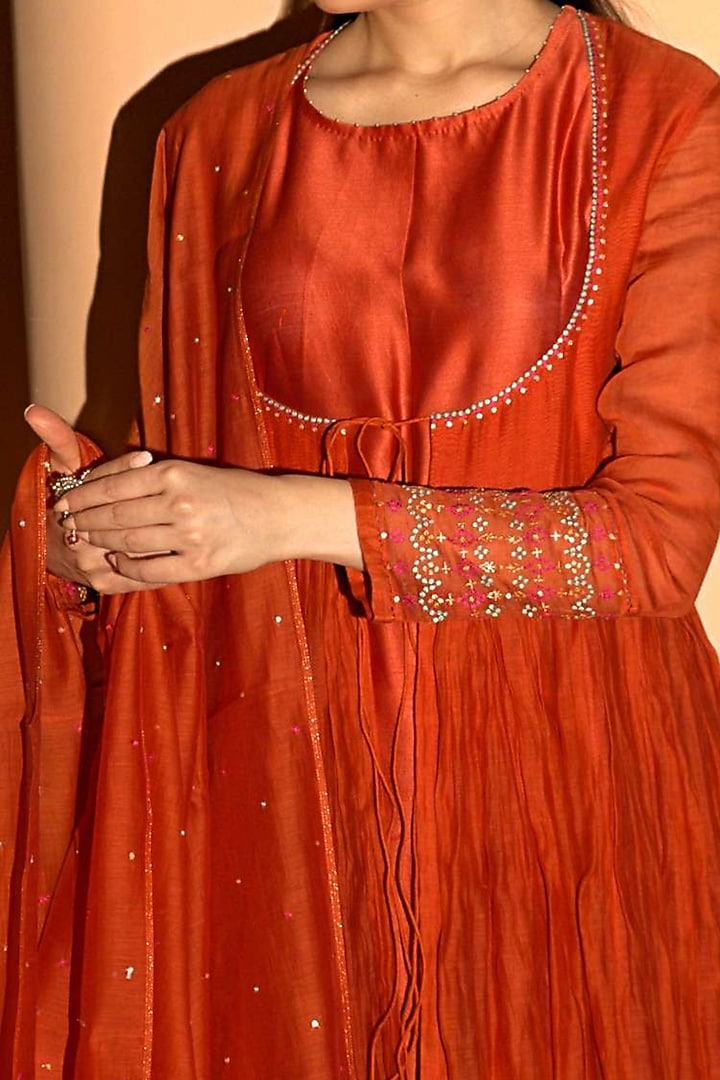 Rust Orange Chanderi Embroidered Angrakha Wedding Anarkali Set by Deep thee at Pernia's Pop Up Shop