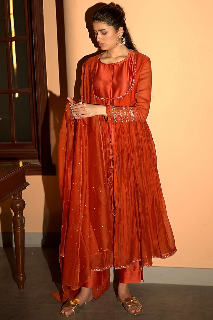Rust Orange Chanderi Embroidered Angrakha Wedding Anarkali Set by Deep thee at Pernia's Pop Up Shop