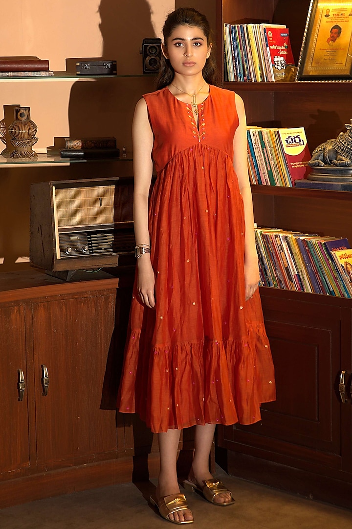 Rust Orange Chanderi Embroidered Tiered Dress by Deep thee