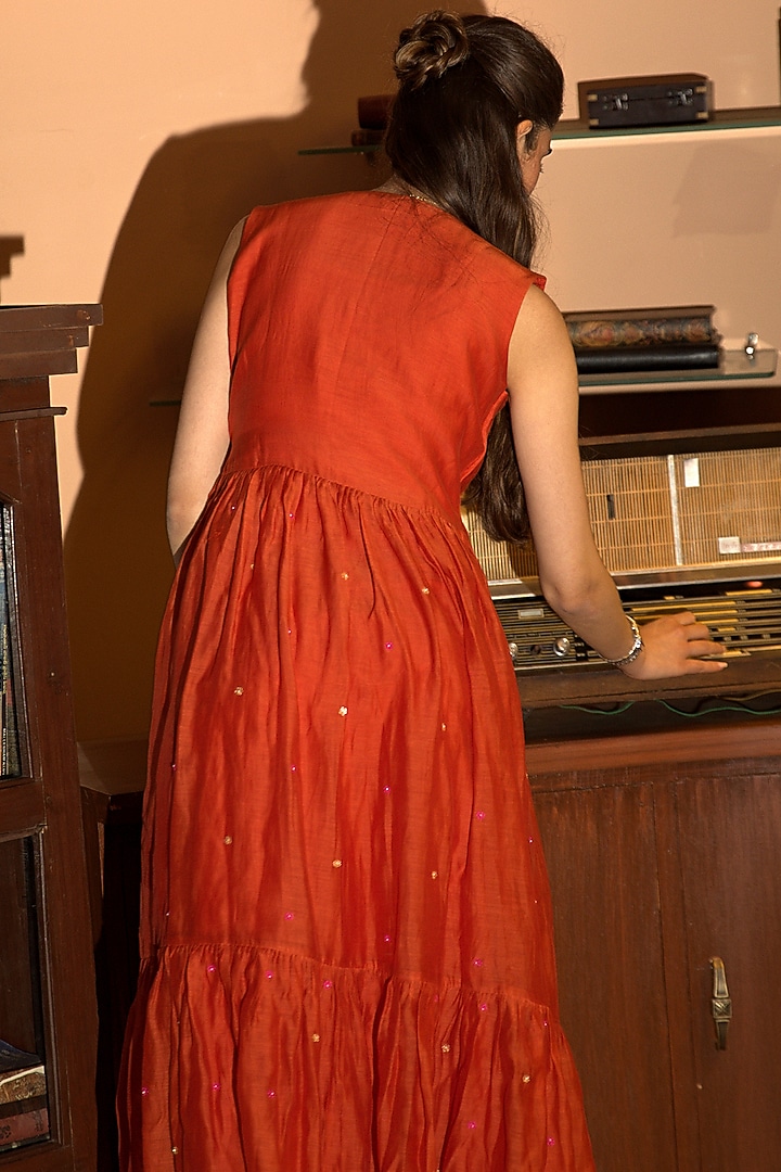 Rust Orange Chanderi Embroidered Tiered Vacation Dress by Deep thee at Pernia's Pop Up Shop