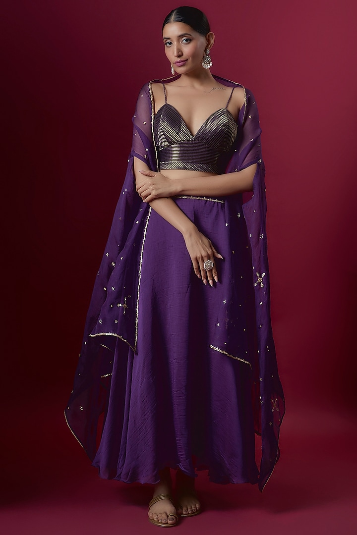 Purple Chanderi & Organza Embroidered Cape Set by Deep thee at Pernia's Pop Up Shop