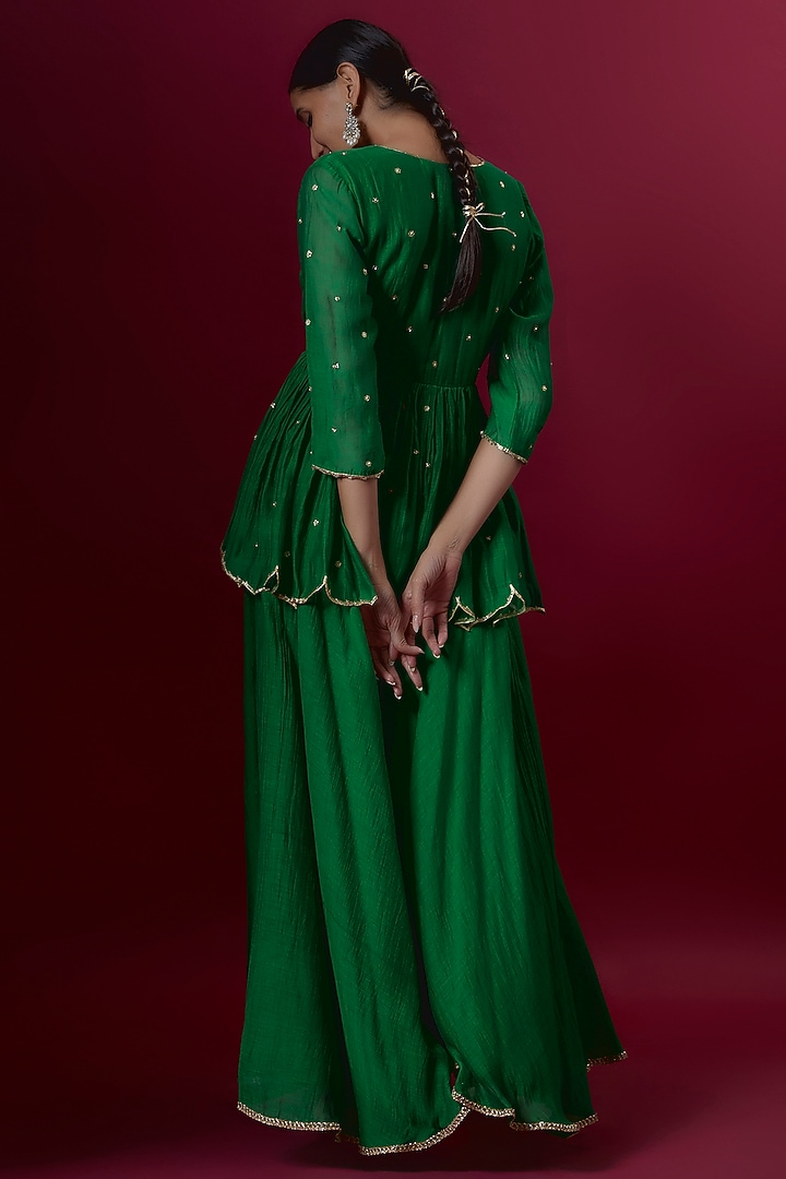 Green Chanderi Wedding Sharara Set by Deep thee at Pernia's Pop Up Shop