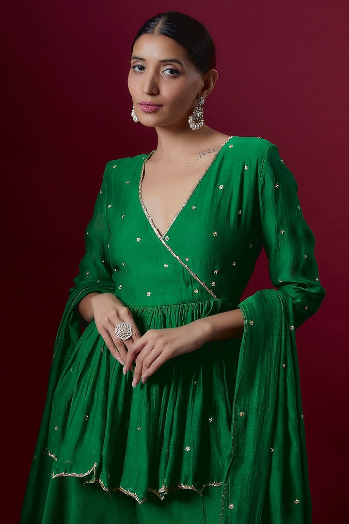 Green Chanderi Wedding Sharara Set by Deep thee at Pernia's Pop Up Shop