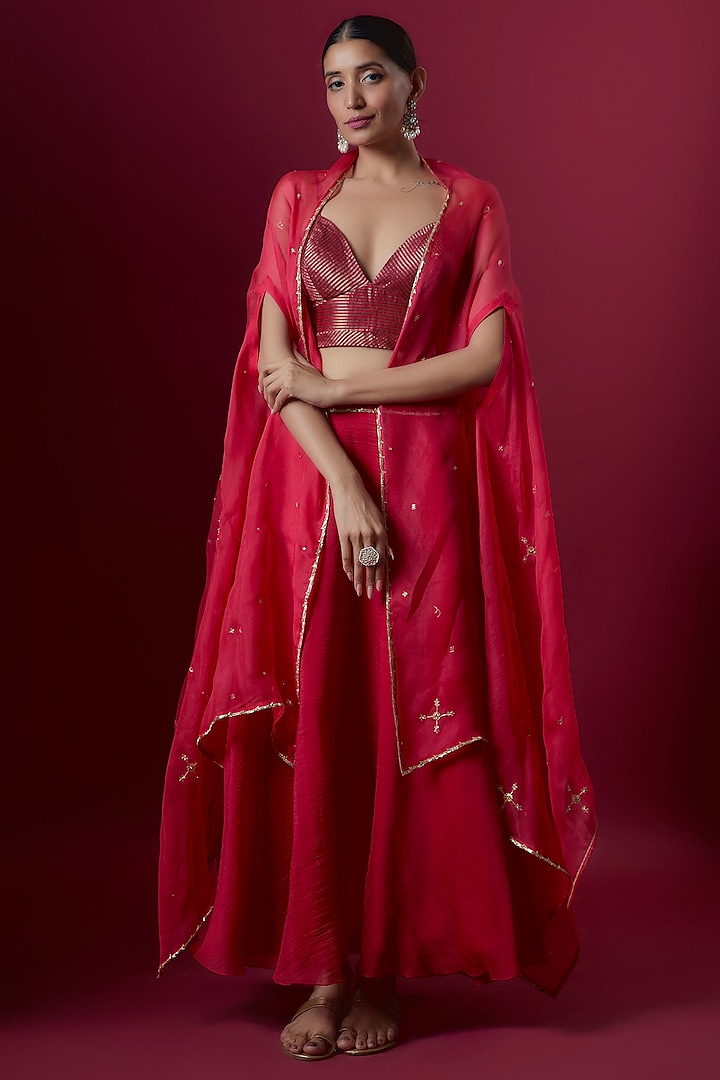 Red Chanderi & Organza Embroidered Cape Set by Deep thee