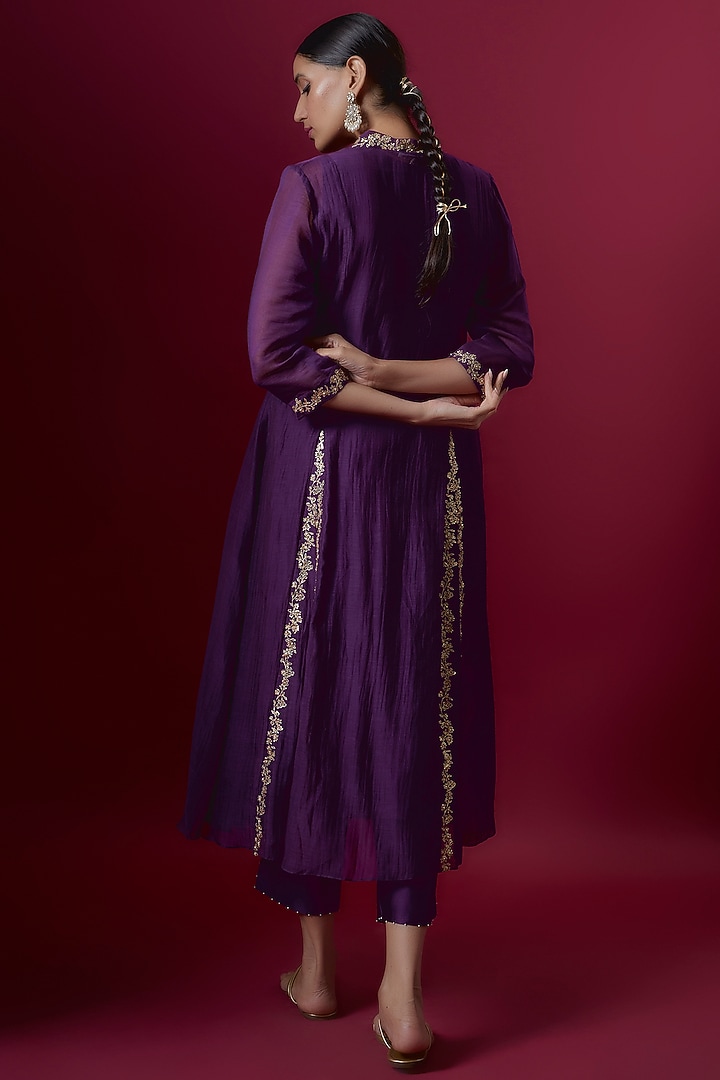 Purple Chanderi Embroidered Angrakha Kurta Set by Deep thee at Pernia's Pop Up Shop