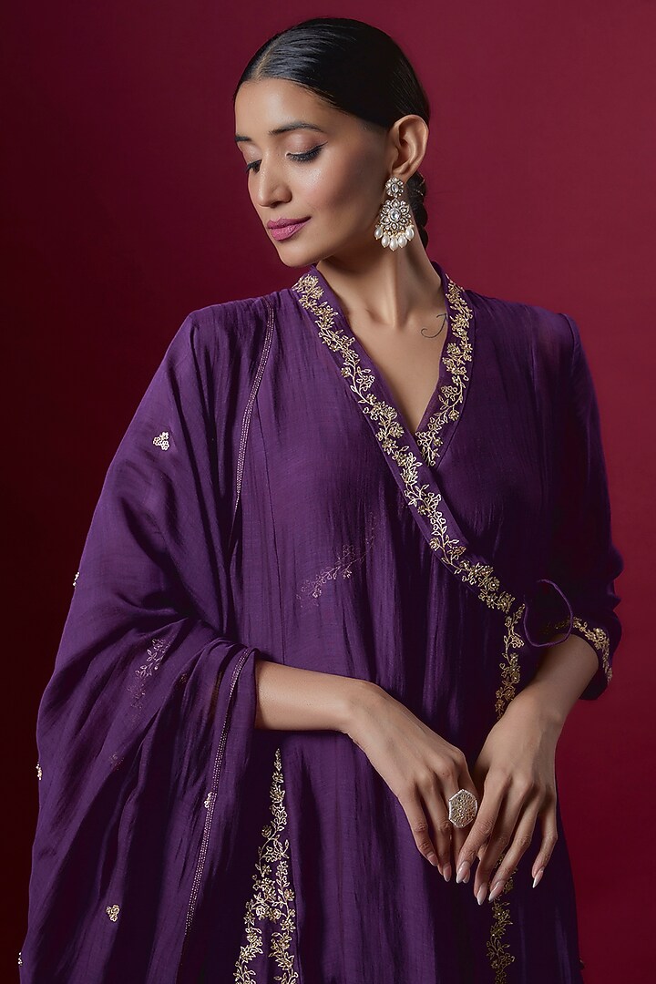 Purple Chanderi Embroidered Angrakha Kurta Set by Deep thee at Pernia's Pop Up Shop