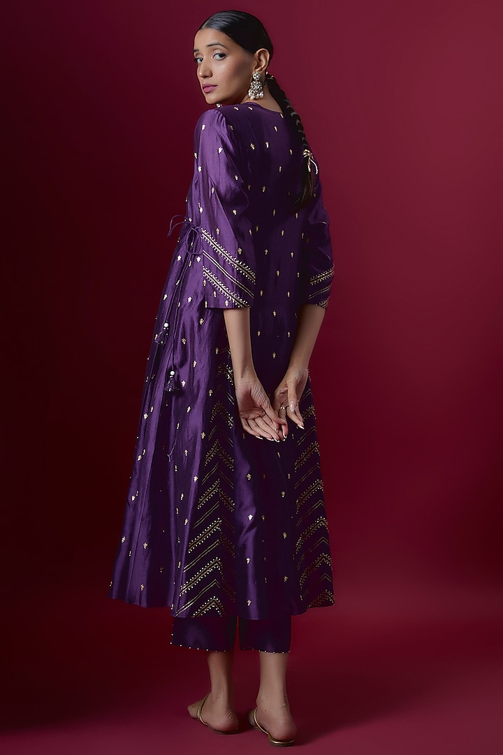 Purple Chanderi Embroidered Angrakha Kurta Set by Deep thee at Pernia's Pop Up Shop